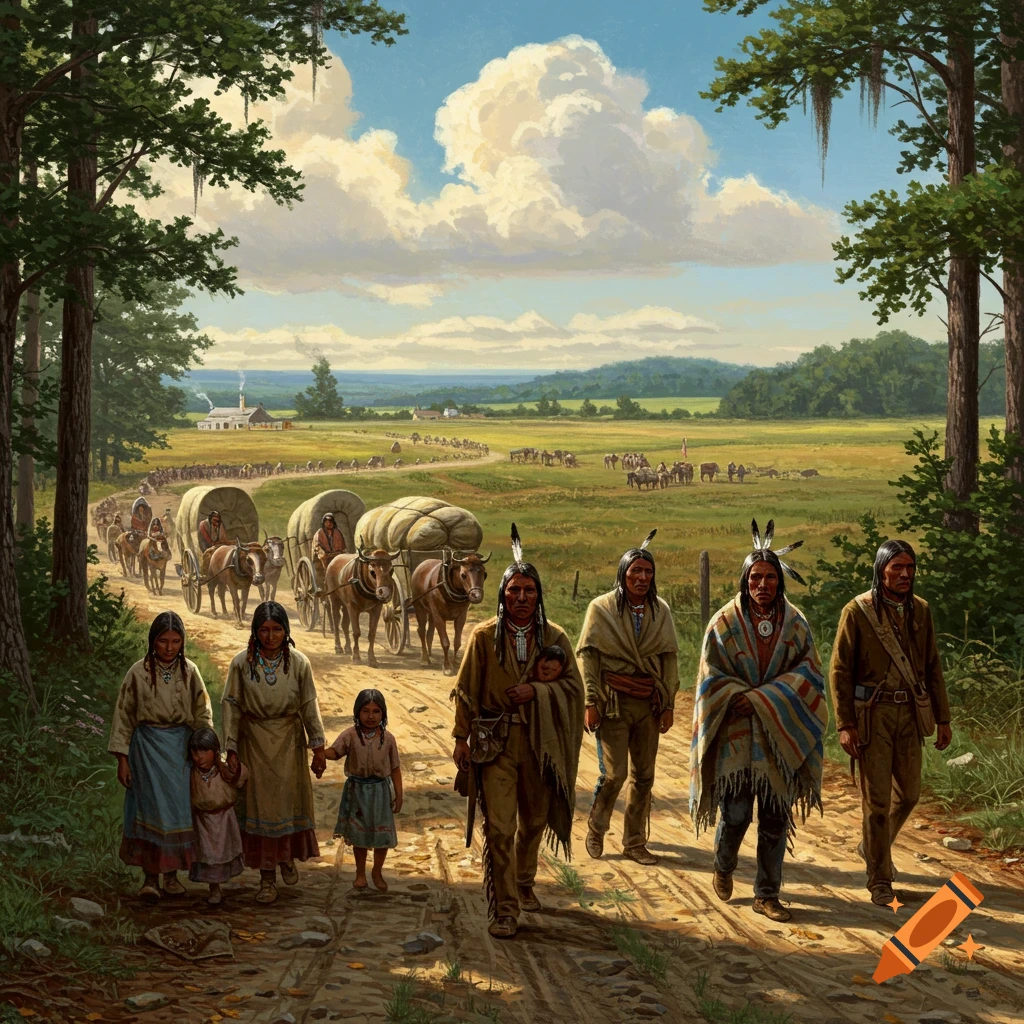 Native Americans are walking on a trail with covered wagons behind them.