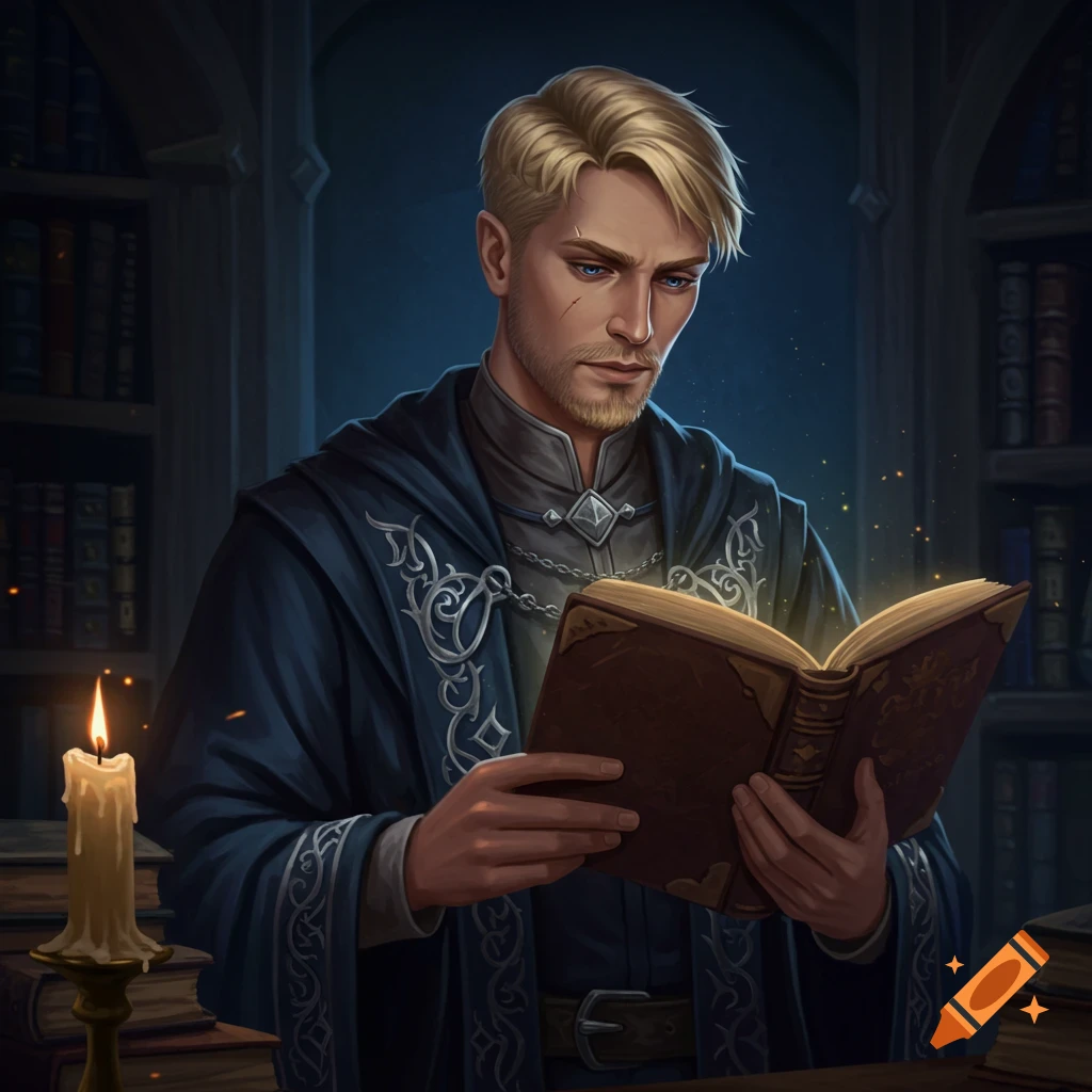 A blonde man in dark wizard robes reads a glowing book in a library.