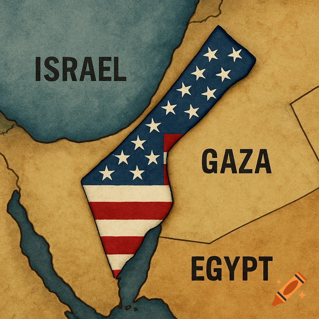 Map of the Middle East showing Gaza as an American flag, bordered by Israel and Egypt.