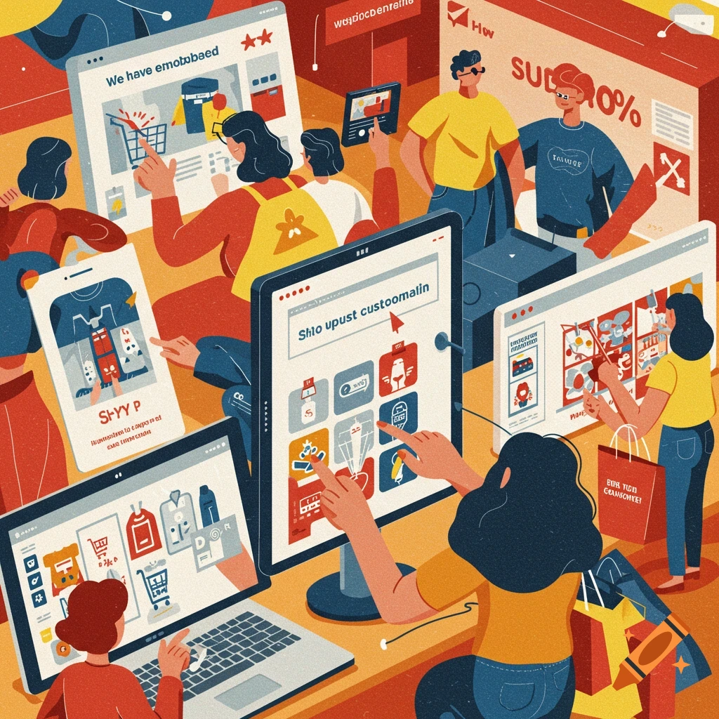 Digital illustration of people shopping online using computers and phones, with shopping interfaces and shopping bags.