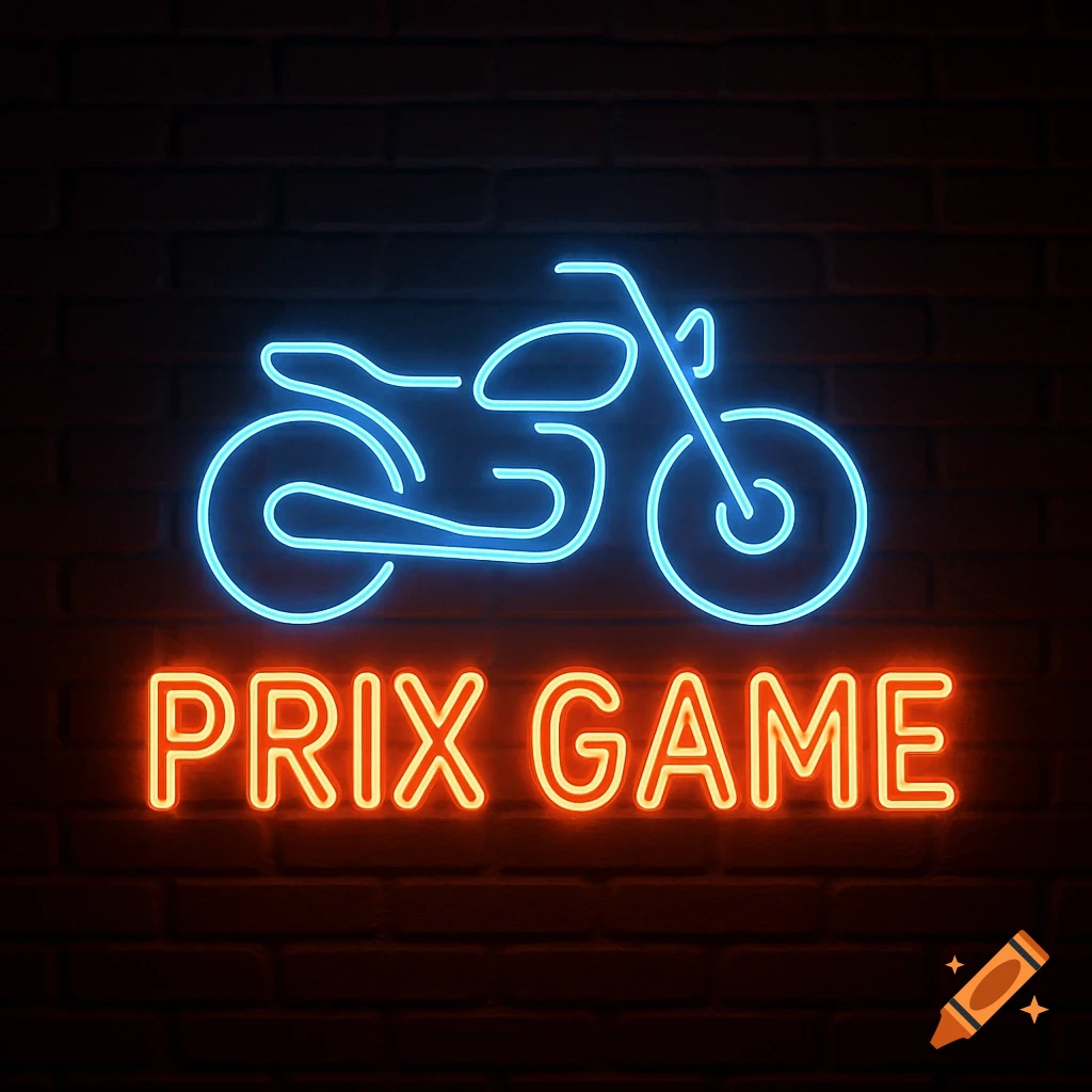 Neon sign of a motorcycle with 'PRIX GAME' text on a brick wall