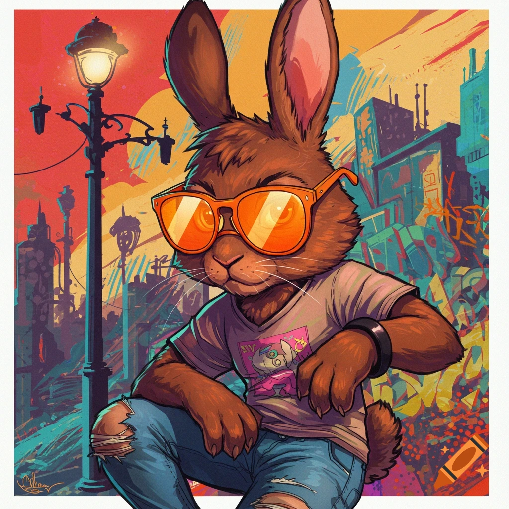 An anthropomorphic bunny in orange sunglasses and ripped jeans sits in an urban setting, digital art.