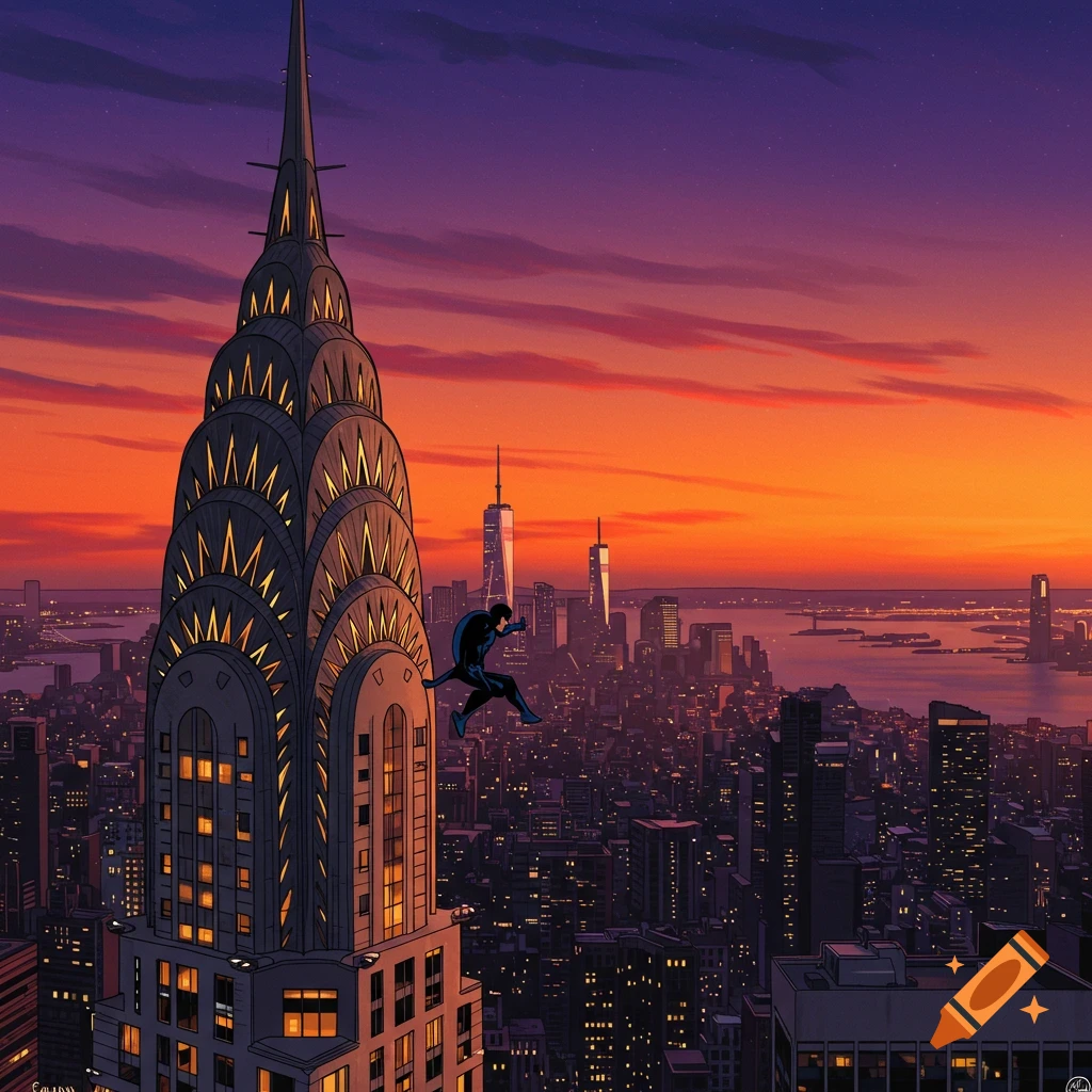 Nightwing on the Chrysler Building overlooking a city skyline at sunset.