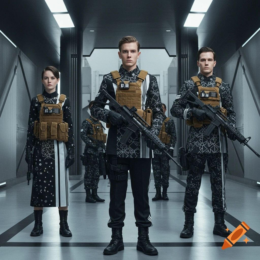 Group of soldiers in patterned uniforms and tactical gear stand in a futuristic corridor.