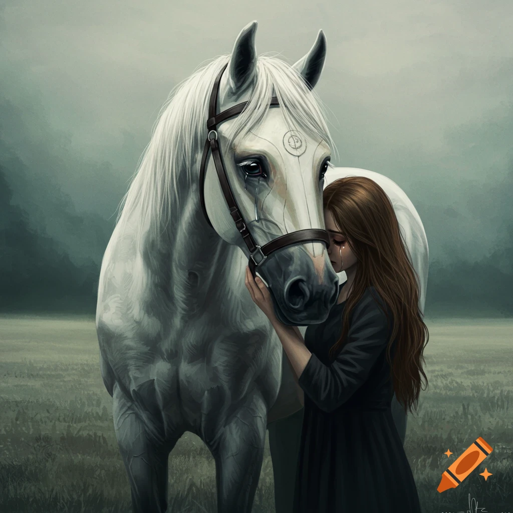 A woman embracing a crying white horse in a field.