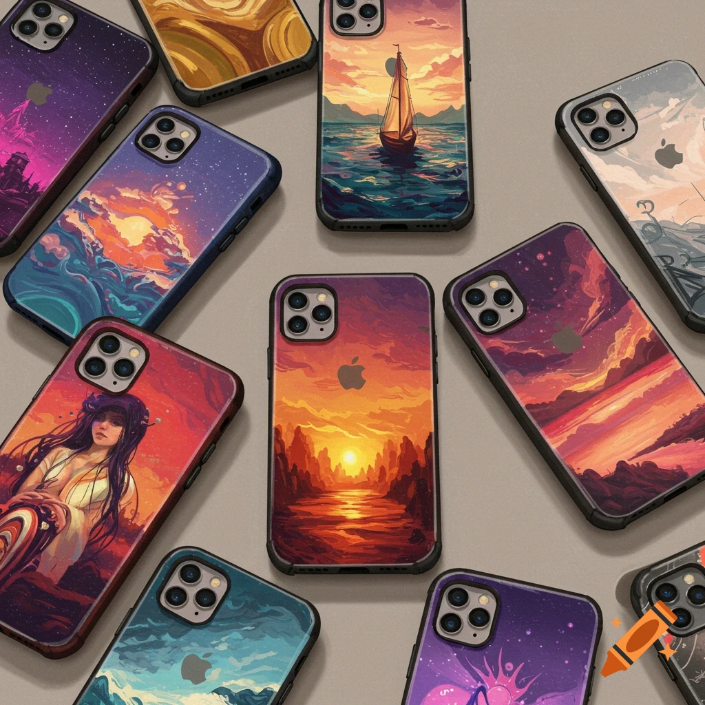 Collection of smartphone cases with various art designs including landscapes and a figure.