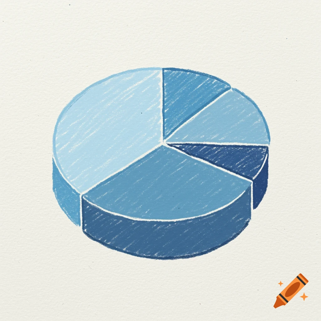 Crayon-style illustration of a pie chart in various shades of blue with slightly separated slices.