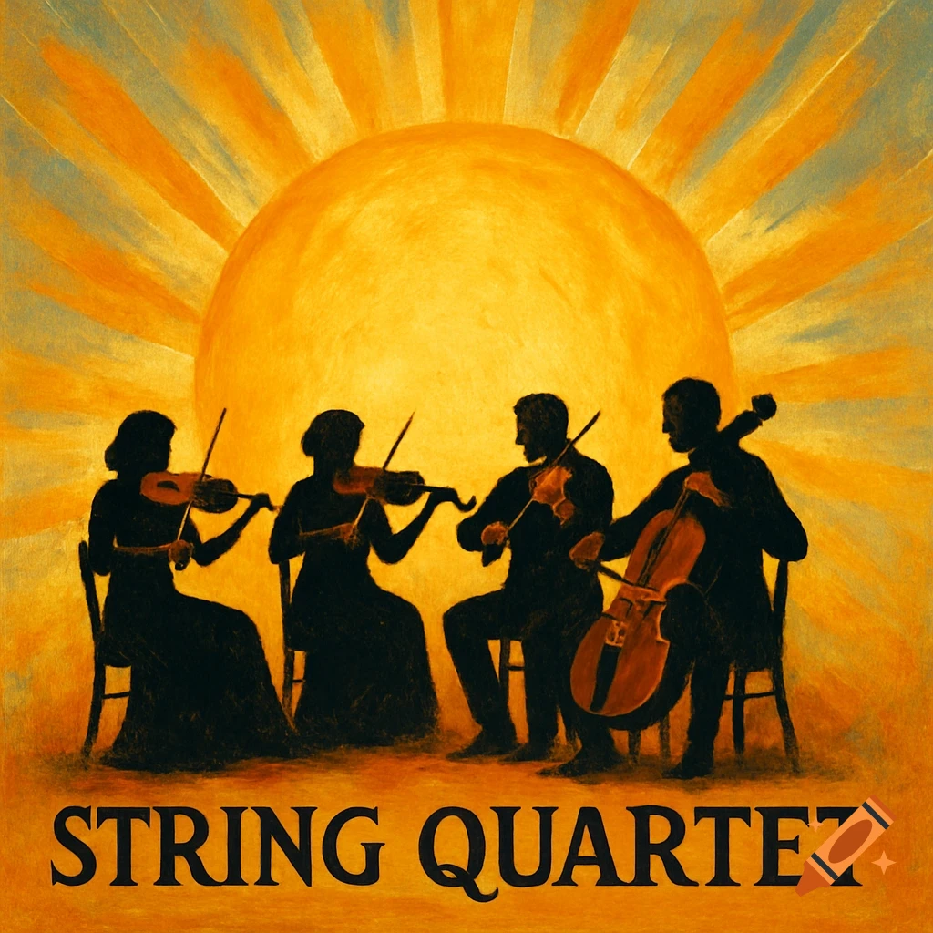 Four silhouetted figures playing string instruments under a large yellow sunburst, with text "STRING QUARTET" below.