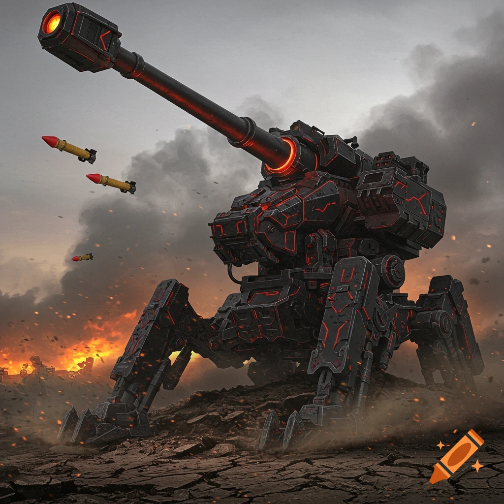 A large, multi-legged mechanical howitzer fires missiles in a smoky, destroyed landscape.