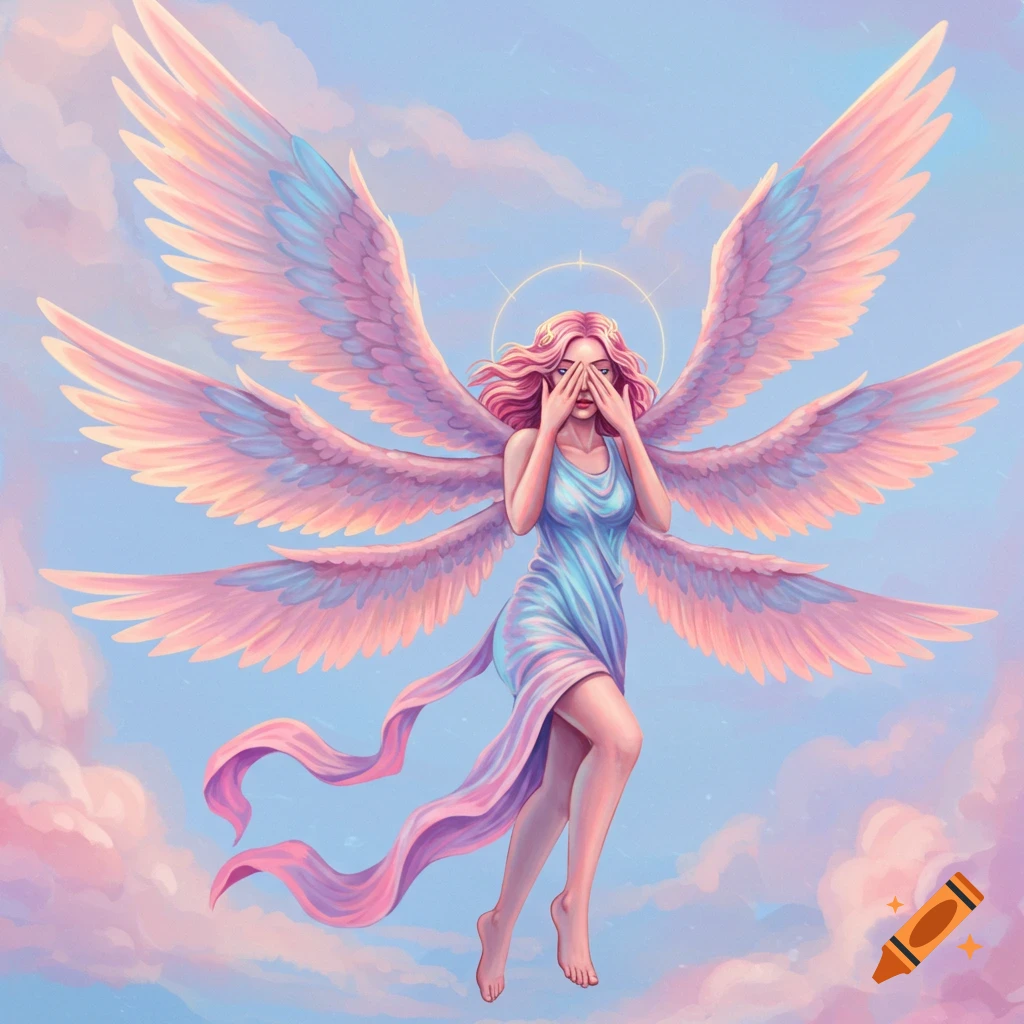Seraphic angel with iridescent rainbow wings in an oil