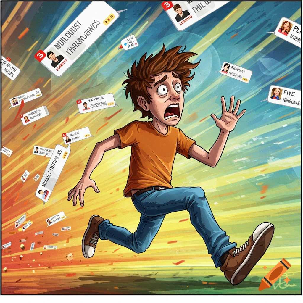 Cartoon illustration of a person running from floating text message bubbles.