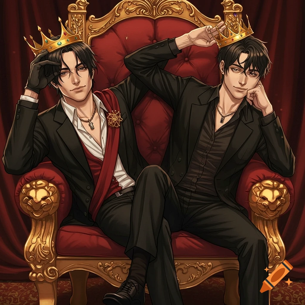 Two men in suits and crowns lounge on a red and gold throne in an anime illustration style.