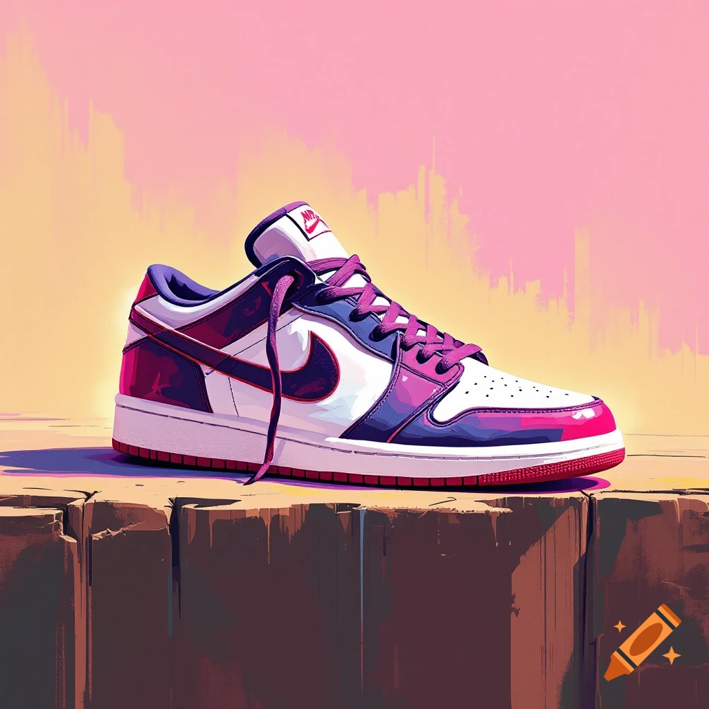 A purple, white, and red sneaker is placed on a stone surface.