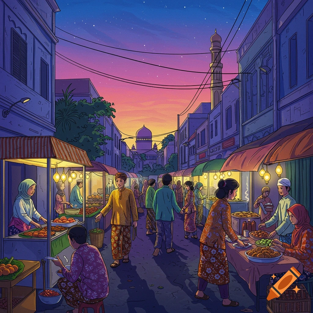 A busy street market at dusk, with people shopping at stalls and a mosque in the background.