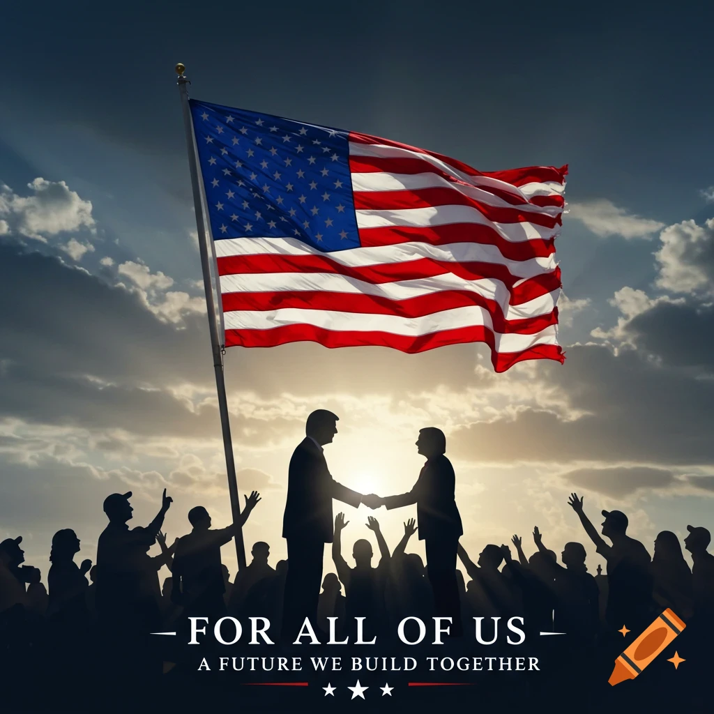 Silhouettes of a crowd under an American flag with two figures shaking hands, sunset background, text: 'FOR ALL OF US 

 A FUTURE WE BUILD TOGETHER'.
