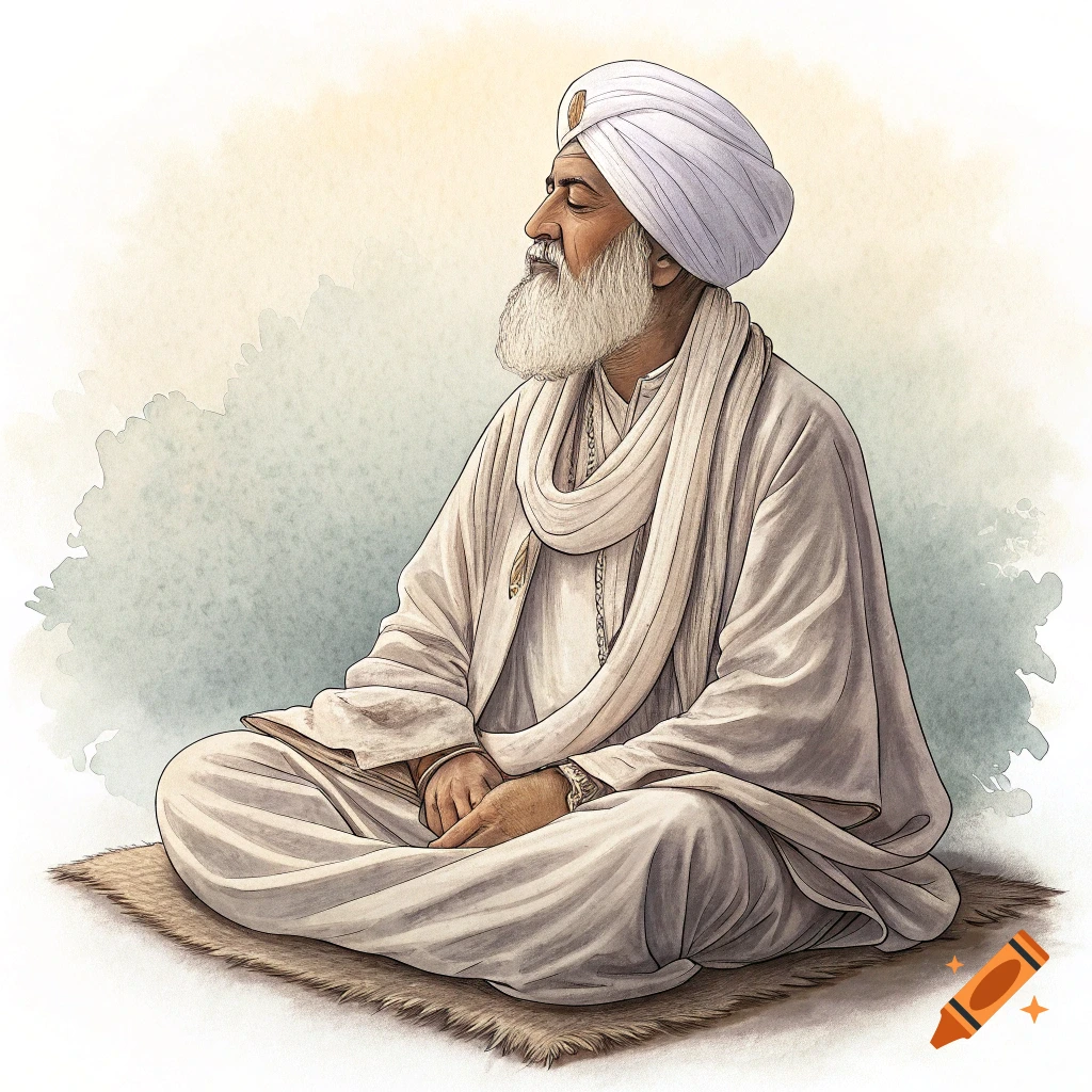 Watercolor illustration of an old man in a white turban and robes, sitting cross-legged in meditation.