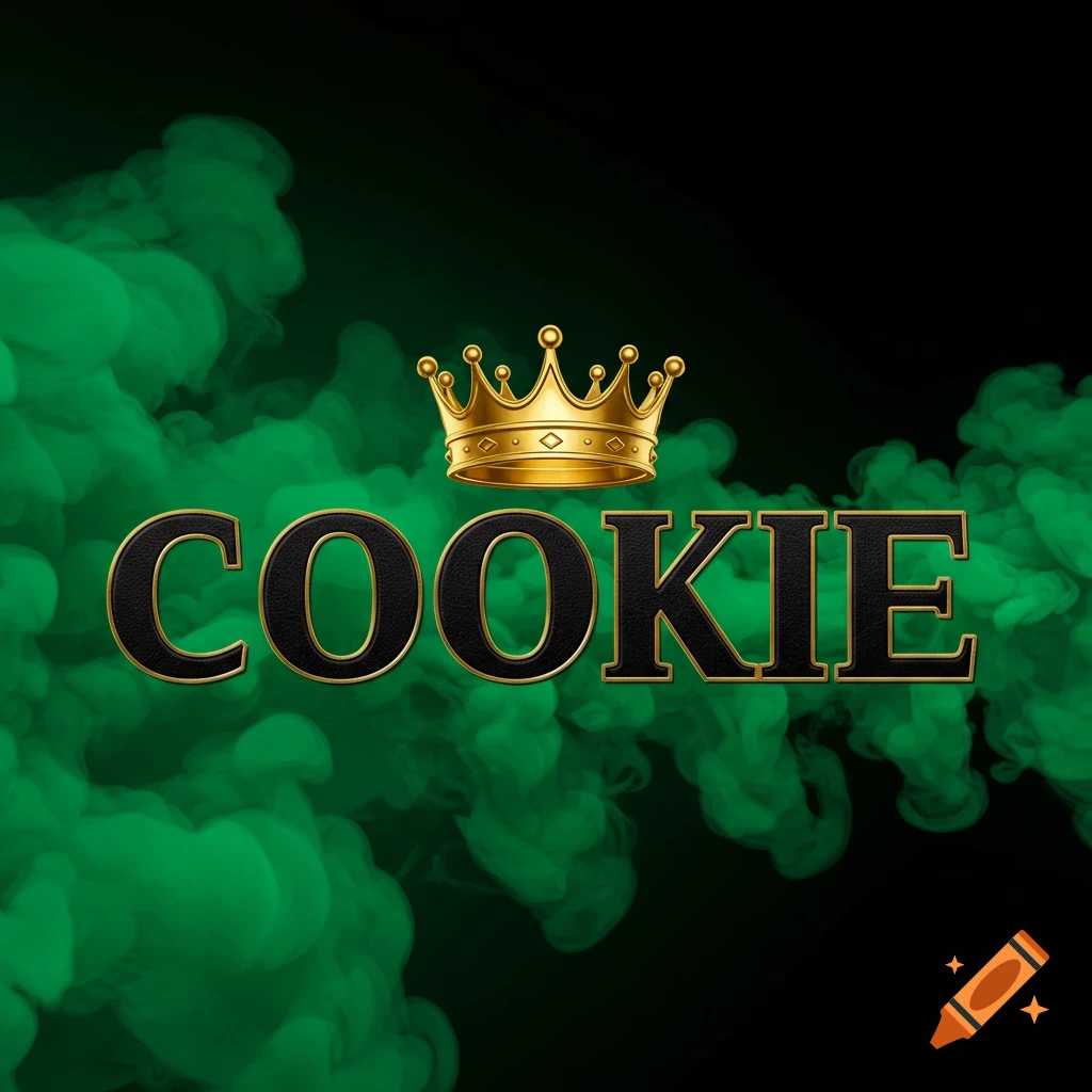 The word COOKIE in black and gold font with a gold crown above, against green smoke on a black background.