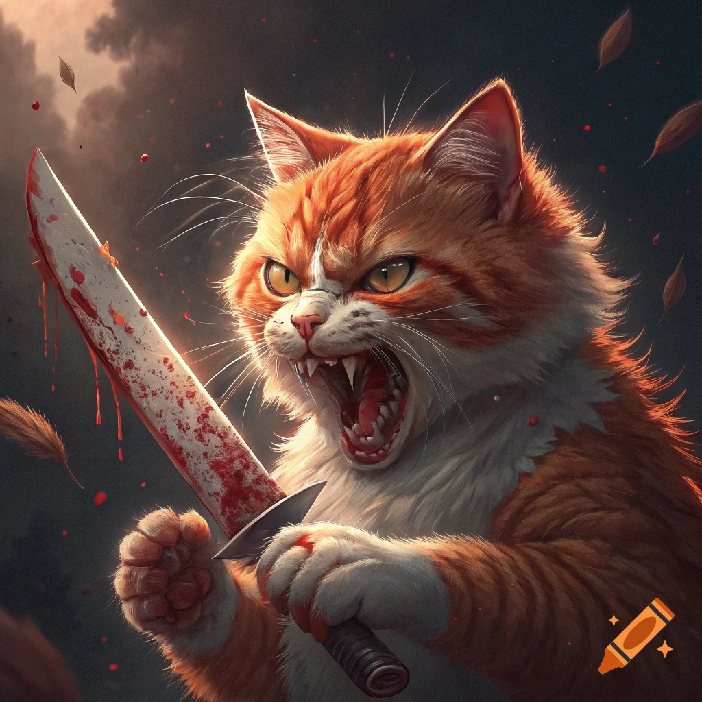 Angry orange and white cat holds a bloody knife in a digital illustration.