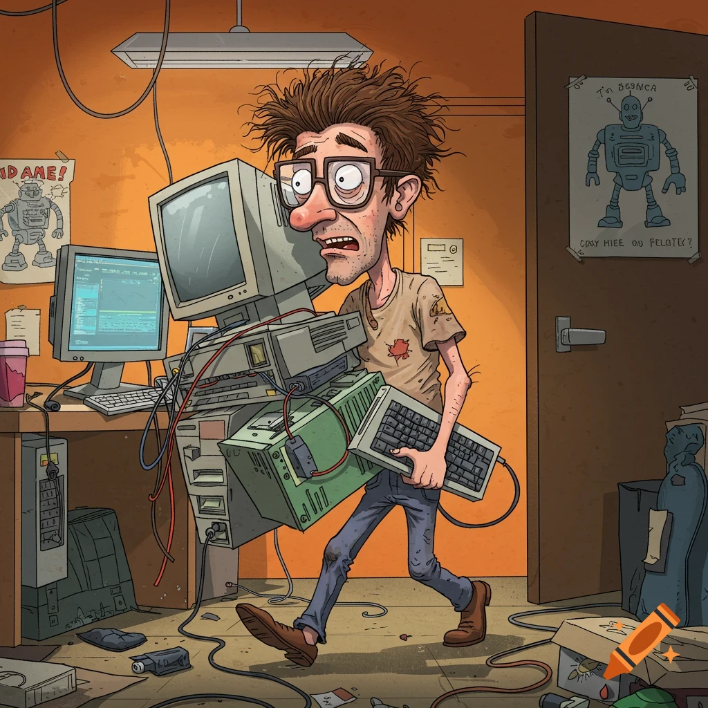 Cartoon of a stressed IT guy carrying old computers in a messy office