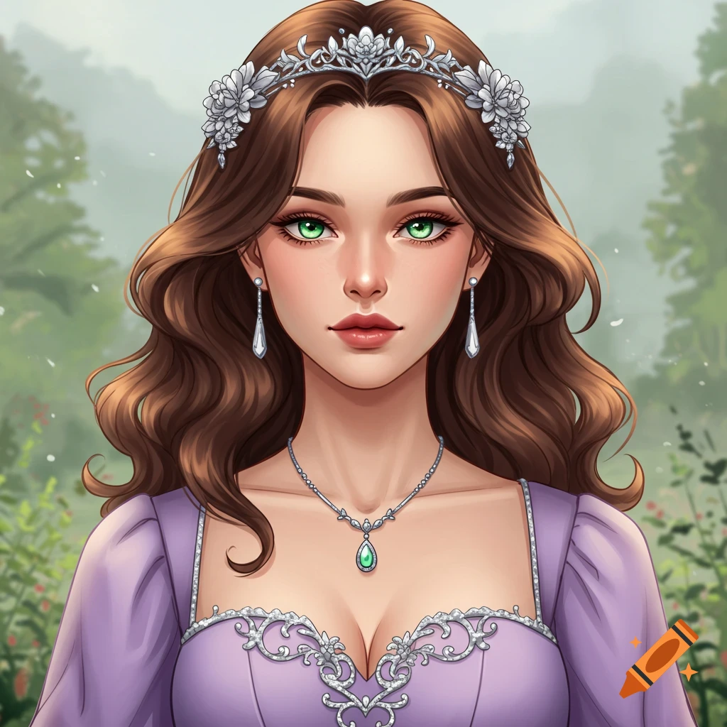 Illustration of a fantasy princess with green eyes, brown hair, wearing a lavender dress, silver tiara, earrings, and necklace in a garden.