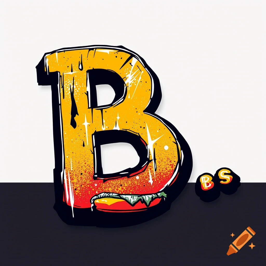 A large, stylized letter B designed to look like a burger, with splatter effects, in a vector graphic style.