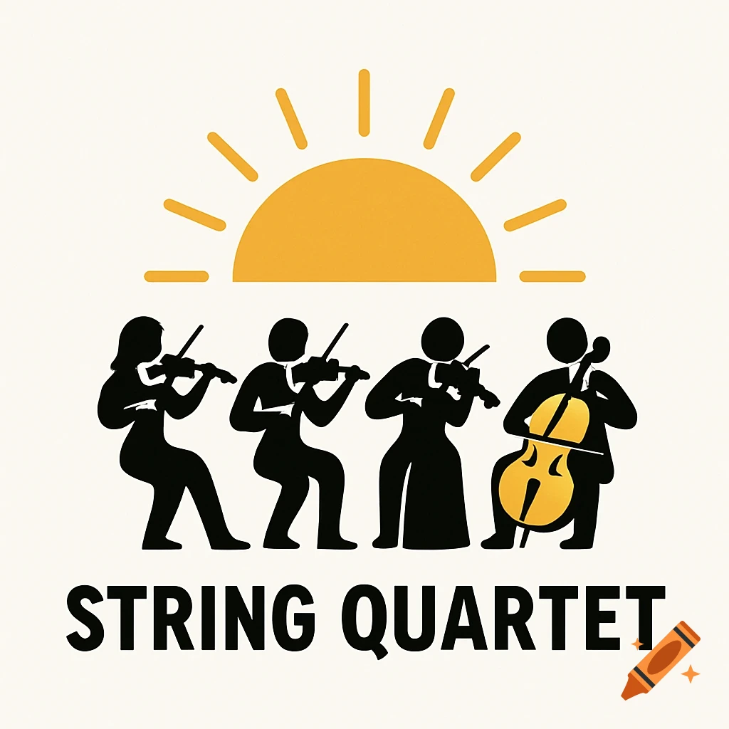 Simple logo illustration of a string quartet playing under a stylized sun with text 'STRING QUARTET'.