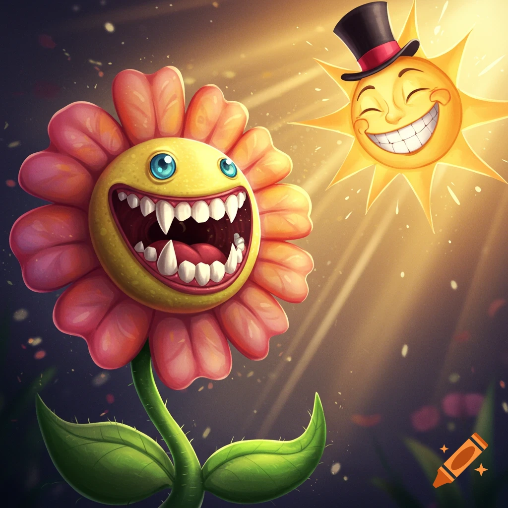 Cartoon of a flower with large teeth smiling at a sun wearing a top hat.