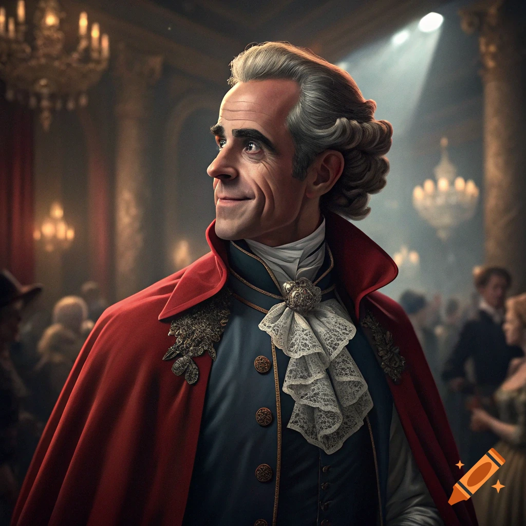 Portrait of a man in 18th-century historical costume, with a red cape and powdered wig, smiling in a dimly lit ballroom.
