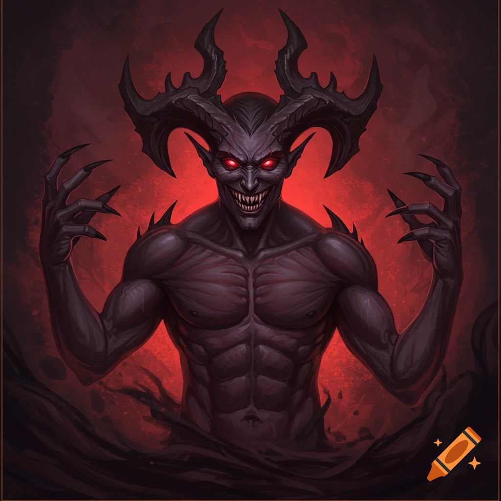 A horned demon with red eyes and claws on a red background.