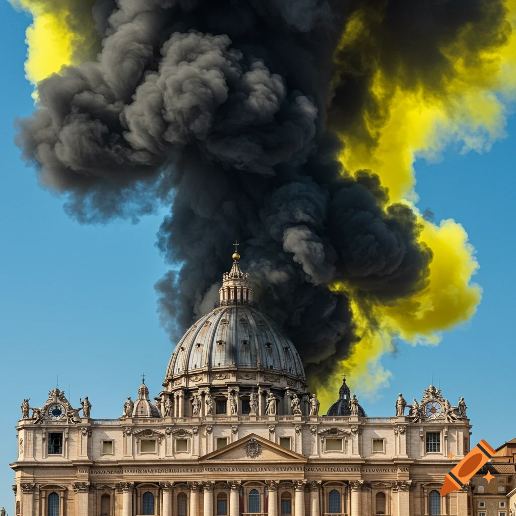Black and yellow smoke rises above the dome of the Vatican.
