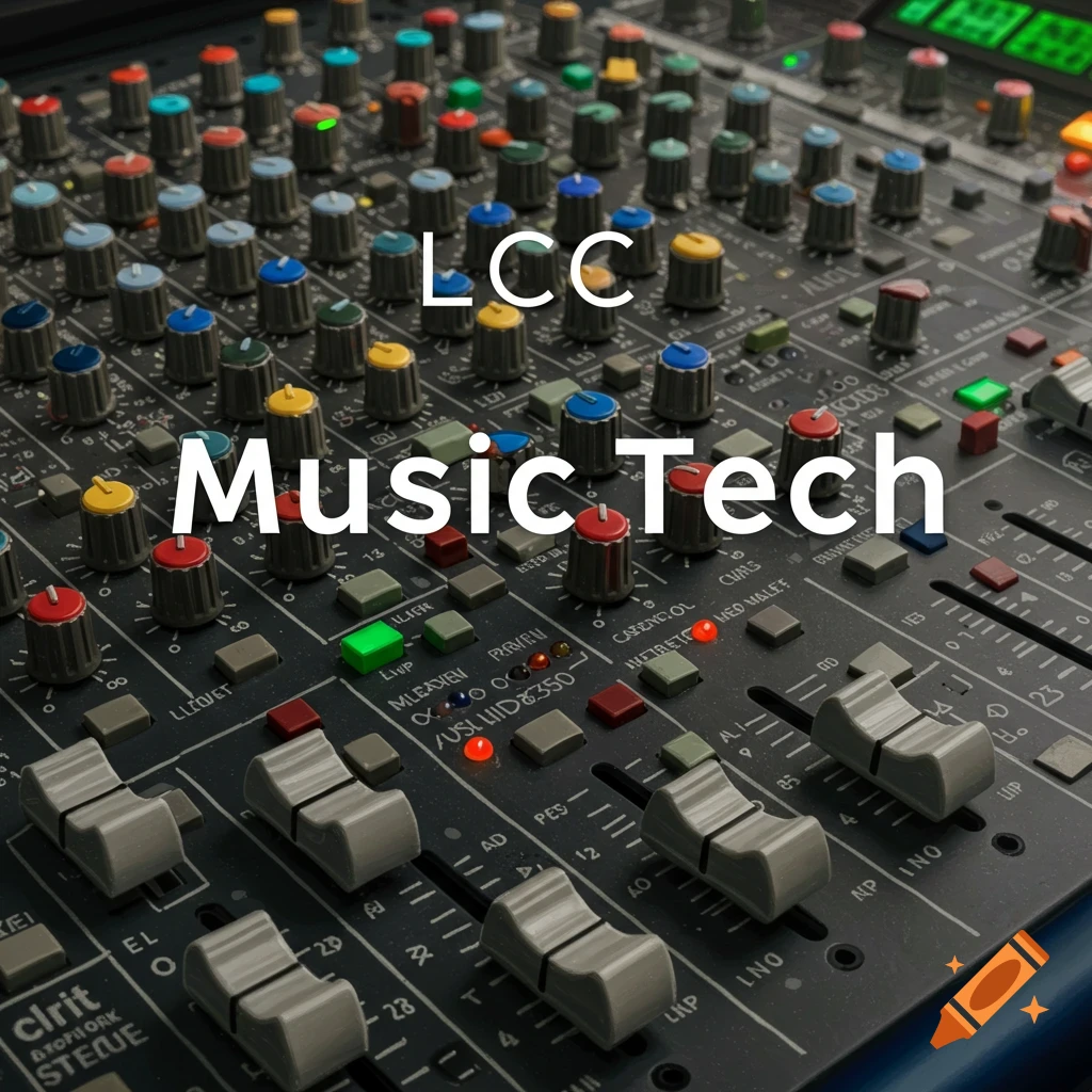A close-up of a music mixing board with knobs and sliders. White text overlaid says LCC Music Tech.
