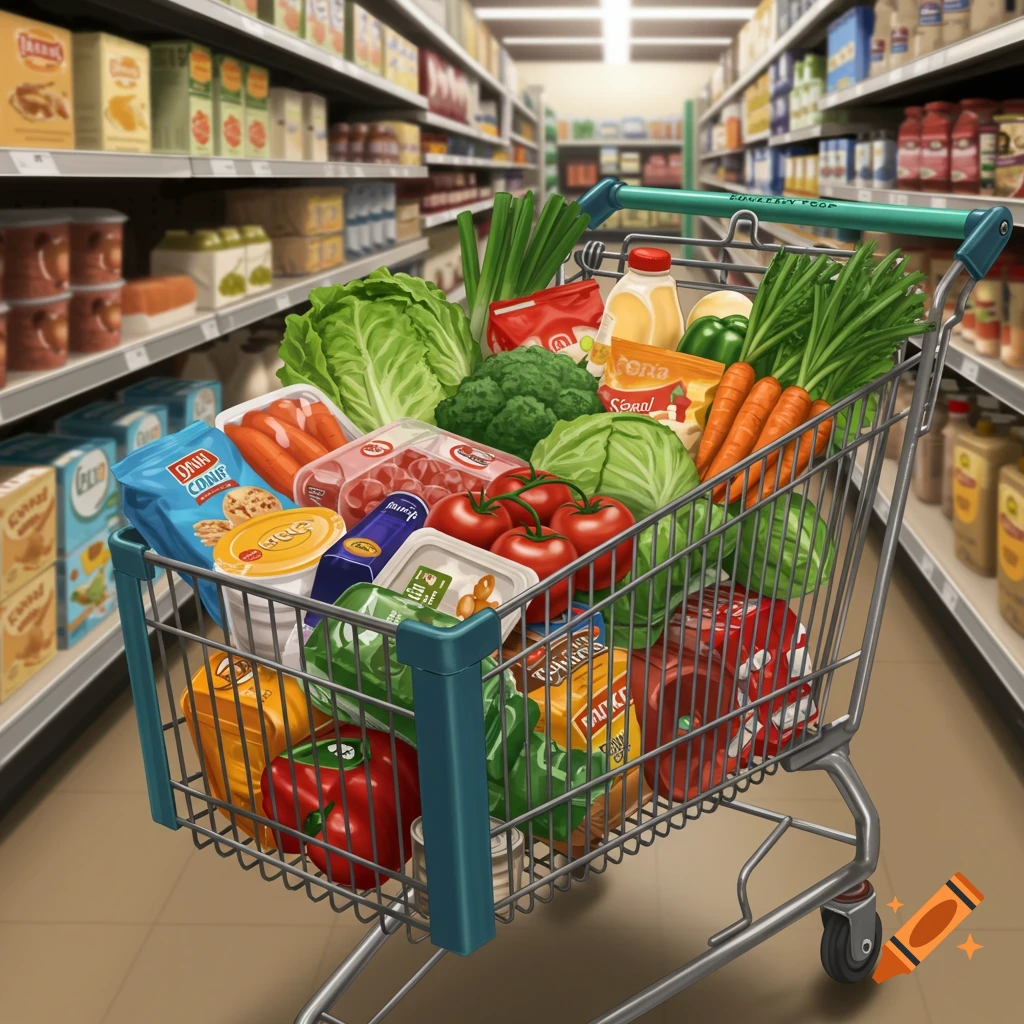 A grocery cart filled with food in a supermarket aisle.