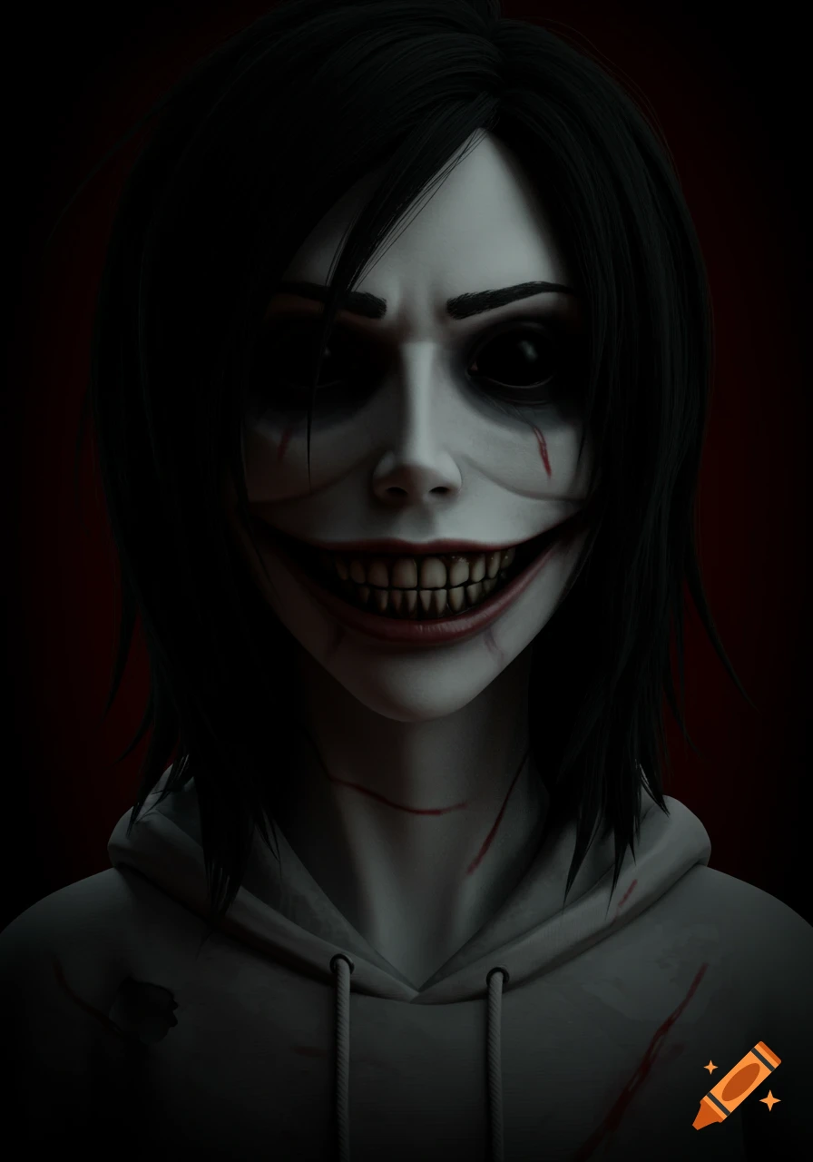 Close-up of a horror character with pale skin, a wide grin cut into the face, dark eyes, and a hoodie.