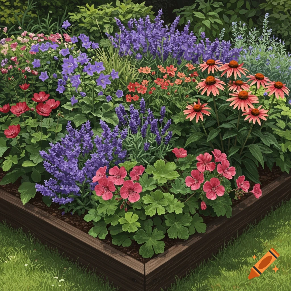 A raised garden bed overflowing with colorful flowers like campanula, lavender, geranium, and echinacea.