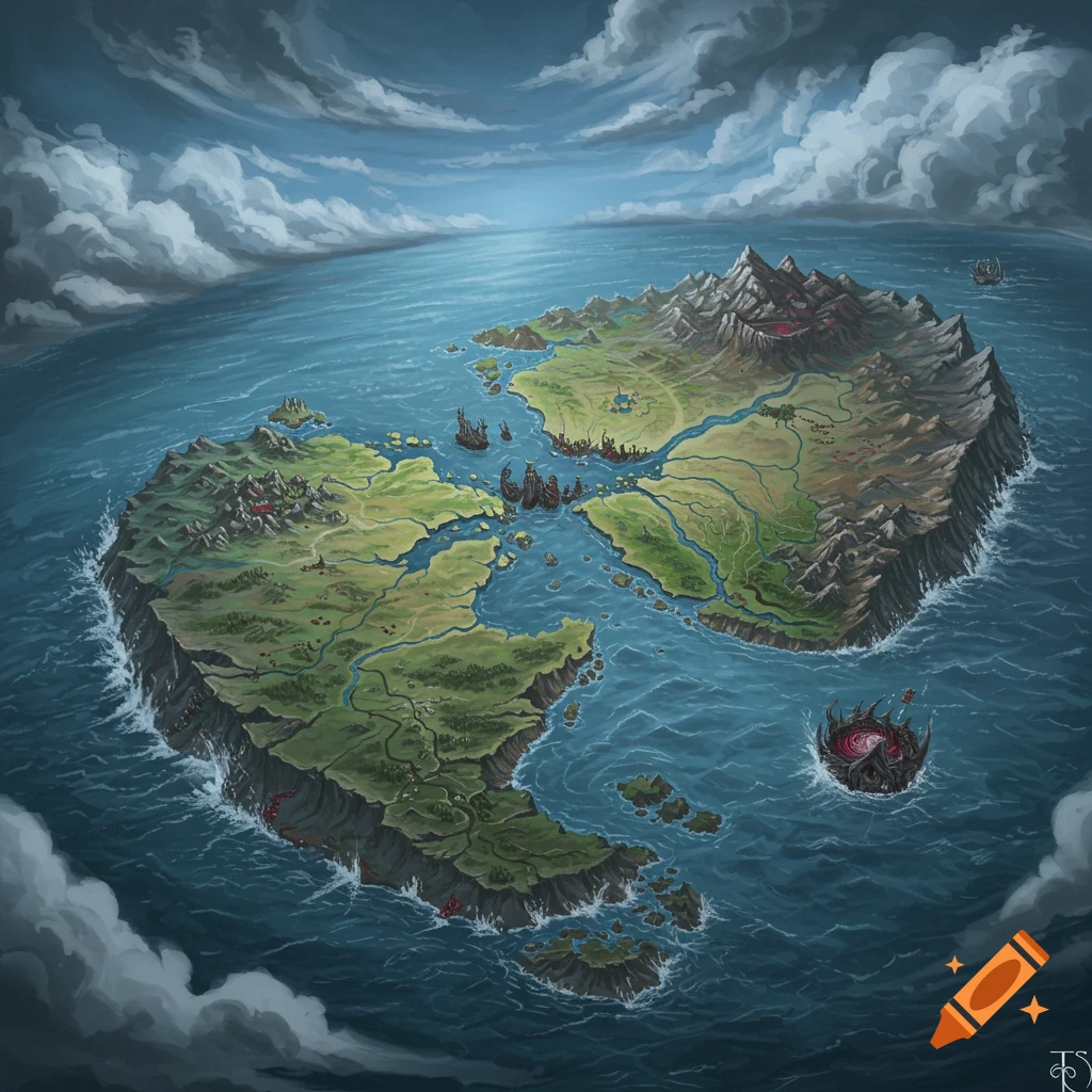 A detailed fantasy map showing two large continents separated by a stormy ocean, featuring mountains, rivers, settlements, and ships.