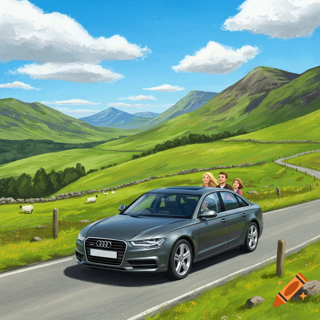 A family driving a grey Audi through a lush green mountain landscape.