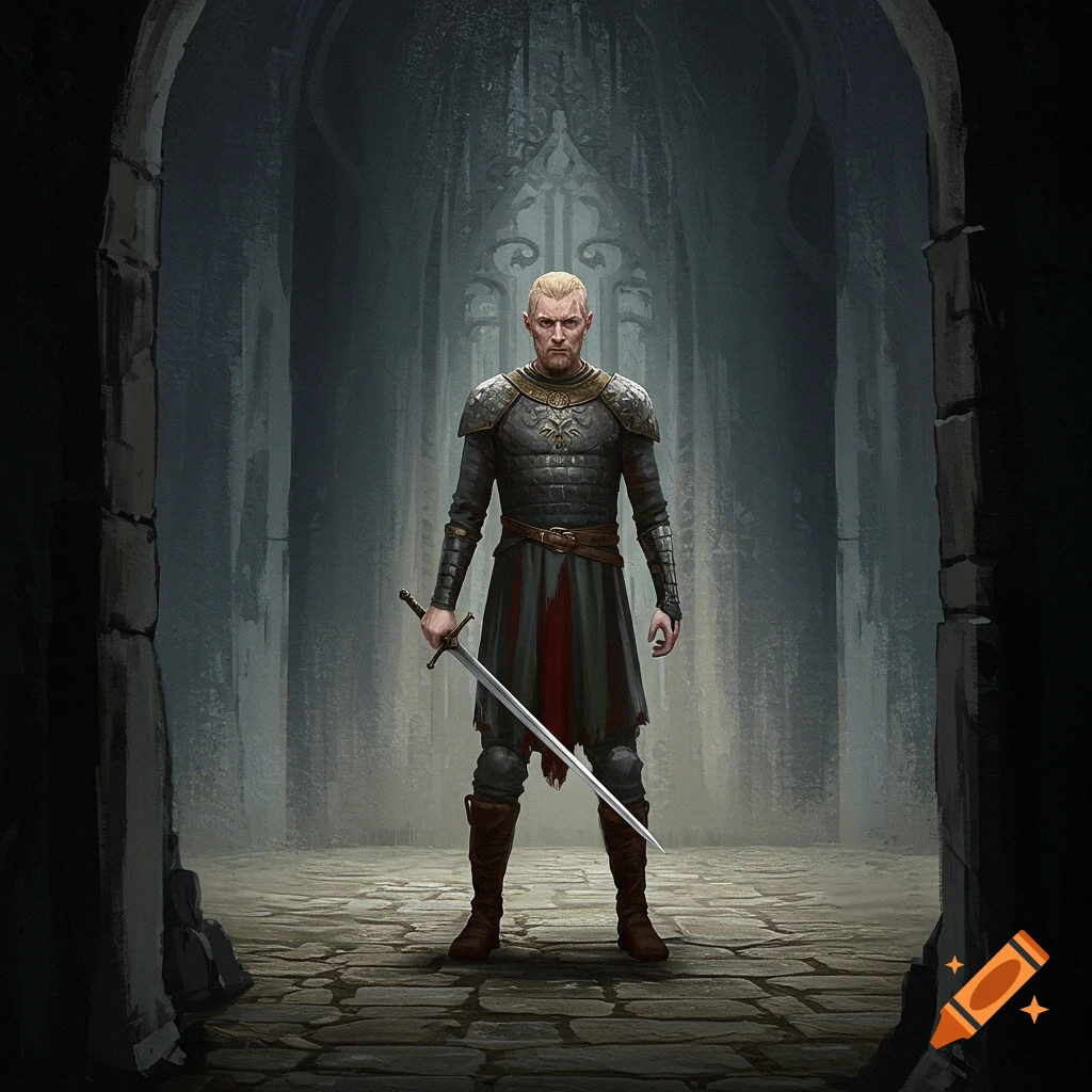 A warrior in dark armor holding a sword in a stone corridor.