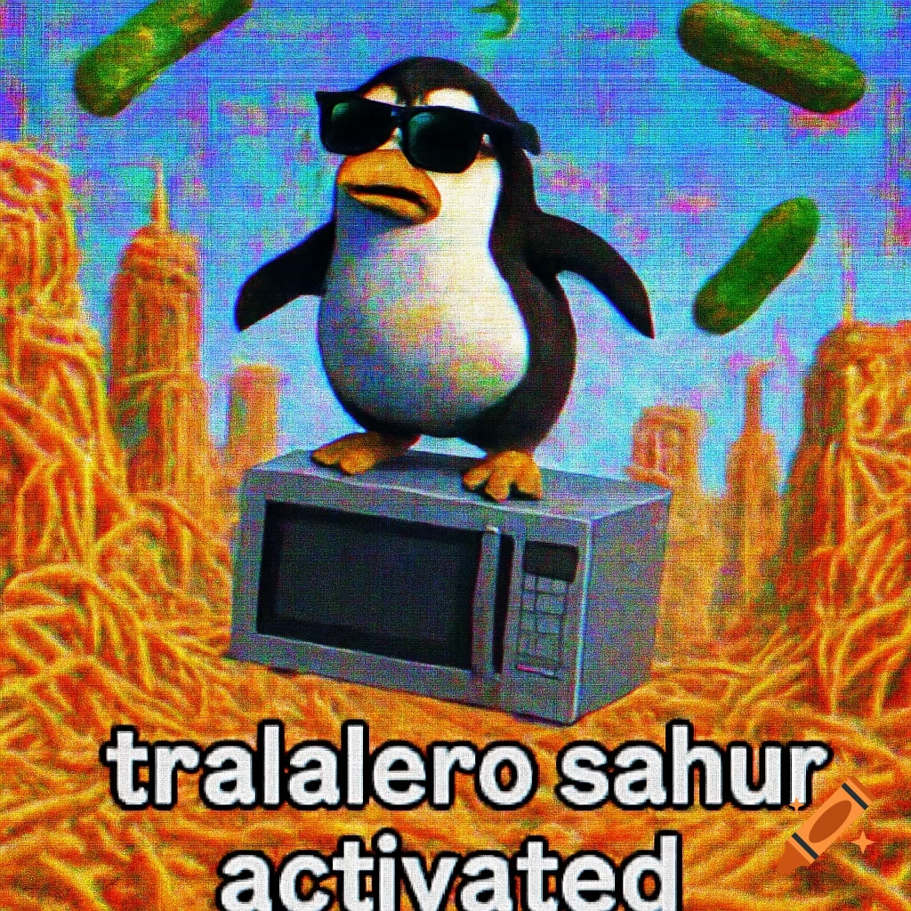 A sunglasses-wearing penguin stands on a microwave in a city made of spaghetti with floating pickles. It has a low-resolution, glitchy meme aesthetic with text overlay.