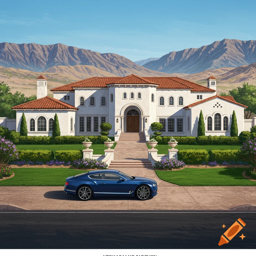 A large white mansion with a red tile roof and a blue Bentley parked in front, set against mountains.