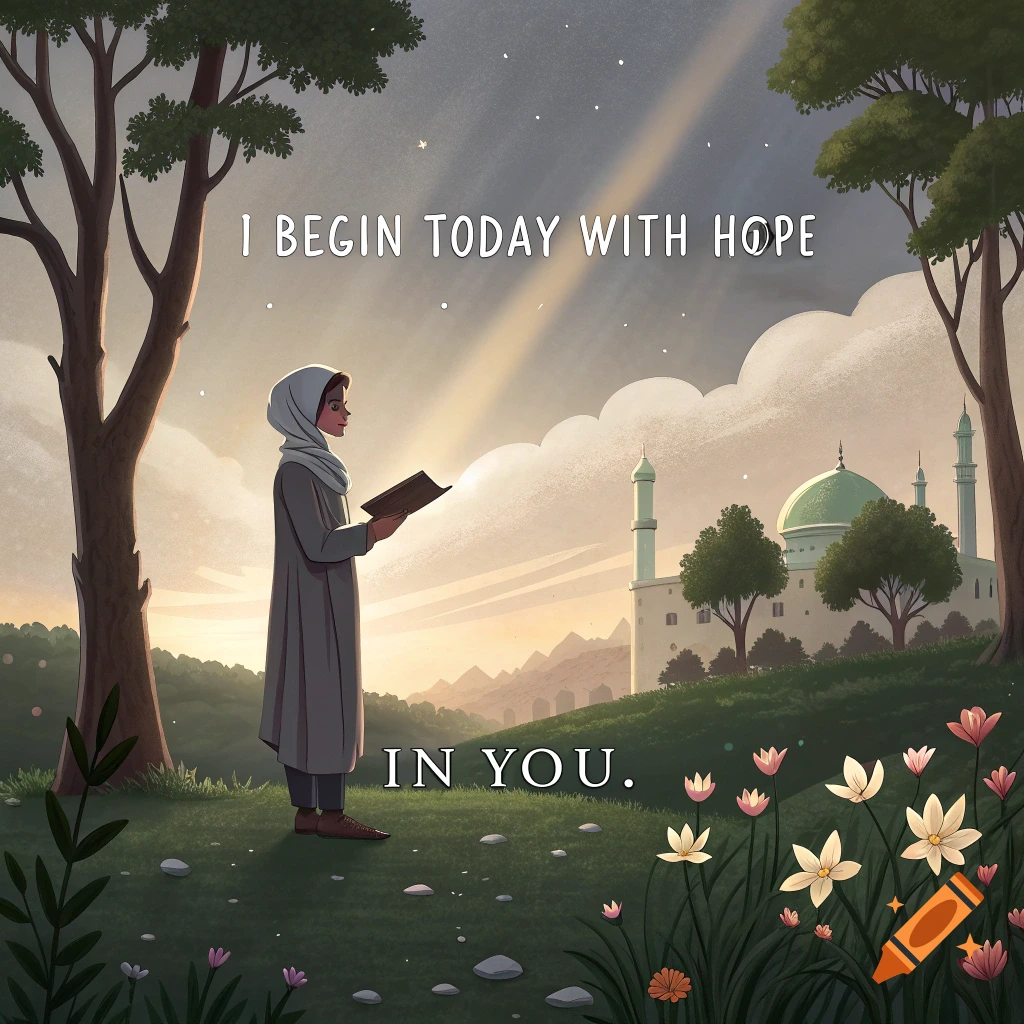 Illustration of a person reading a book in a field with flowers, a mosque in the background, and text overlay.