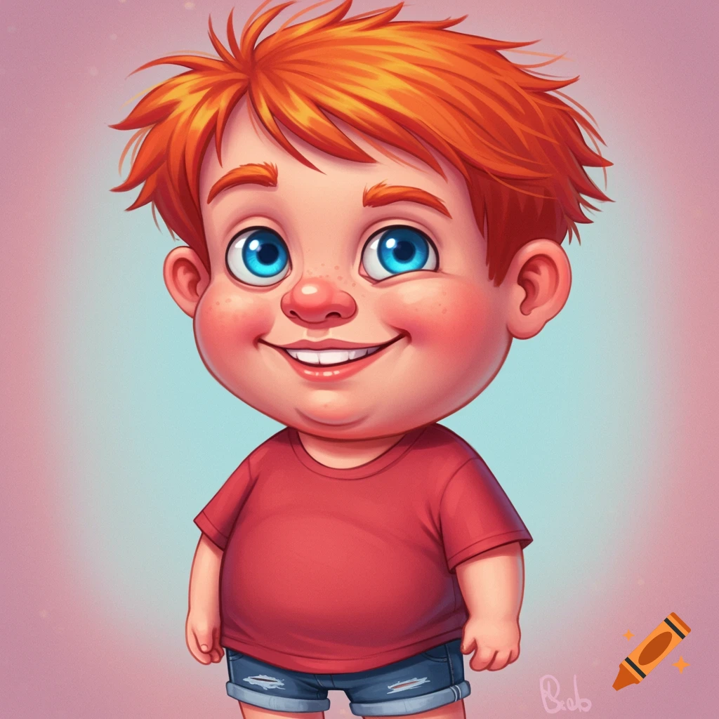 Cartoon of a smiling redhead boy with blue eyes in a red shirt and denim shorts.