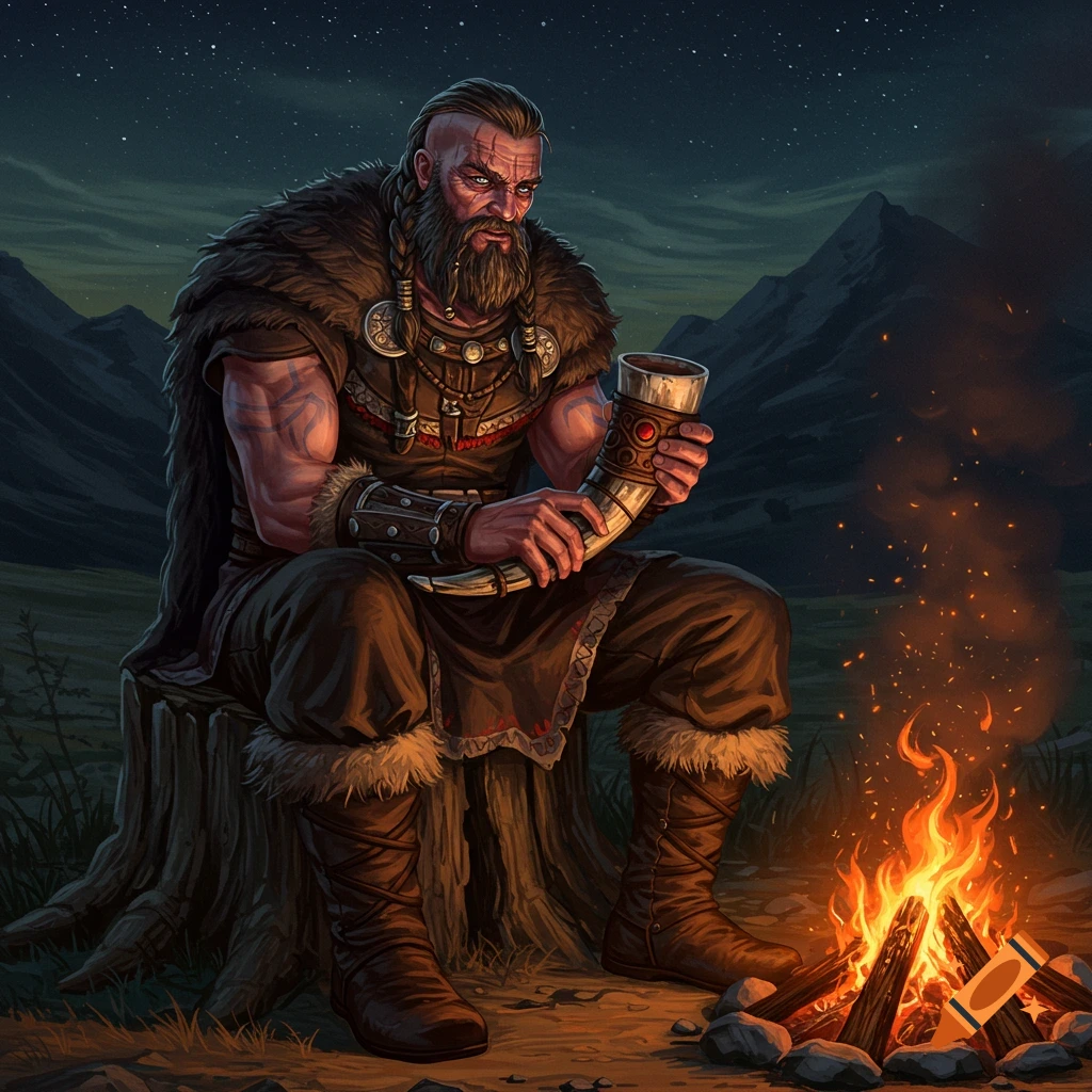 A bearded barbarian warlord sits by a fire at night, holding a drinking horn.