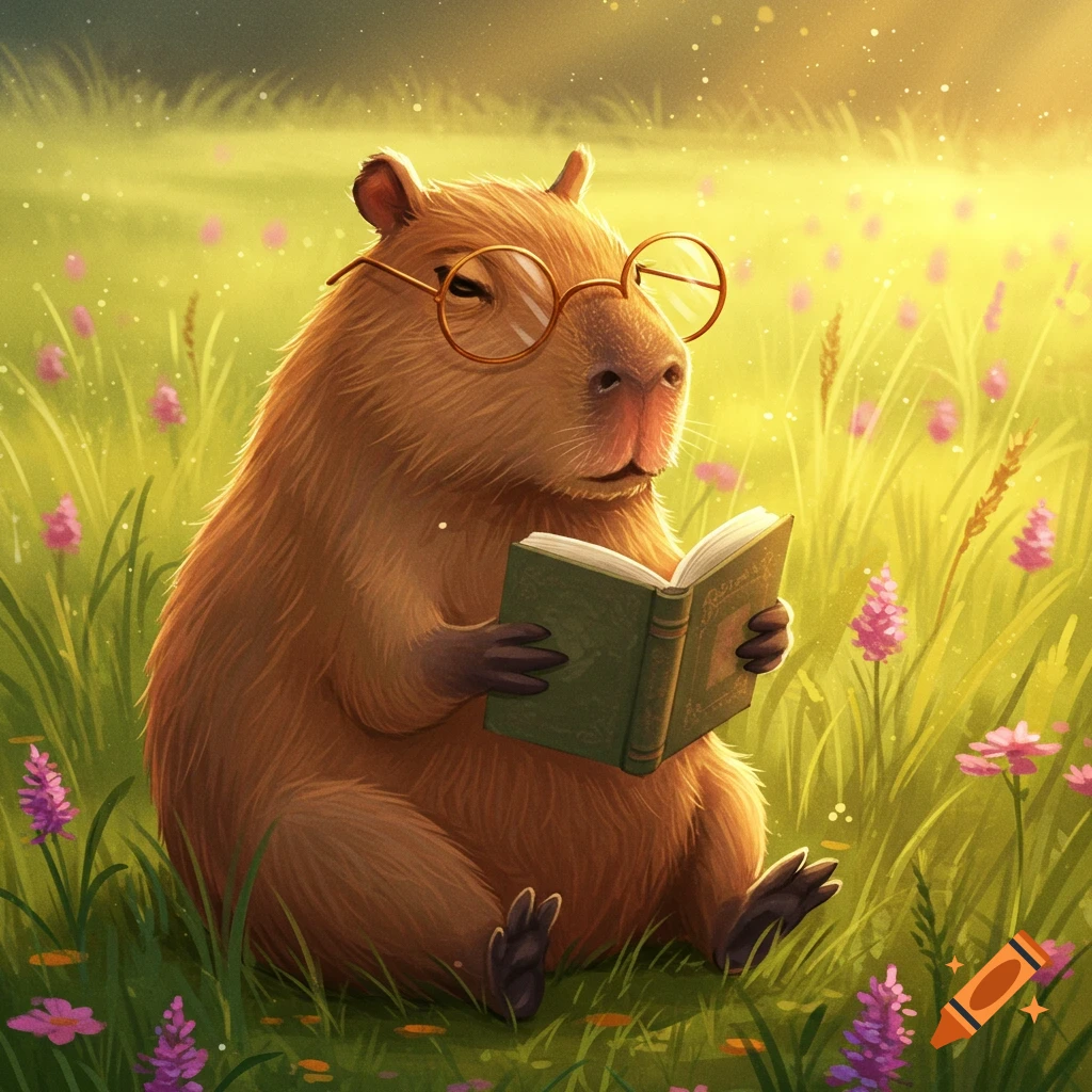 A capybara with glasses sits in a field, reading a book.