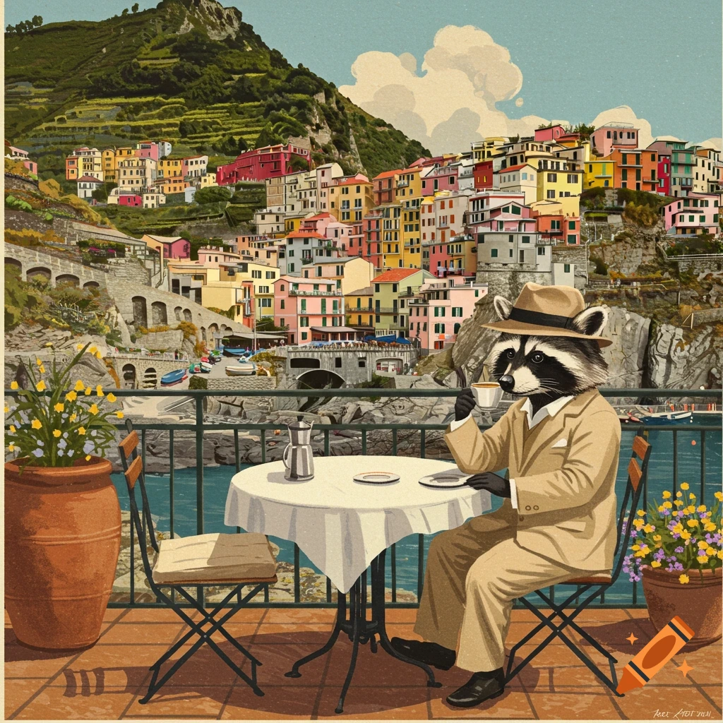 Raccoon in suit and hat drinks coffee on balcony overlooking colorful Cinque Terre buildings, vintage painting style.