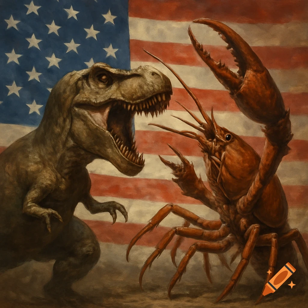A T-Rex fights a giant crayfish in front of an American flag.