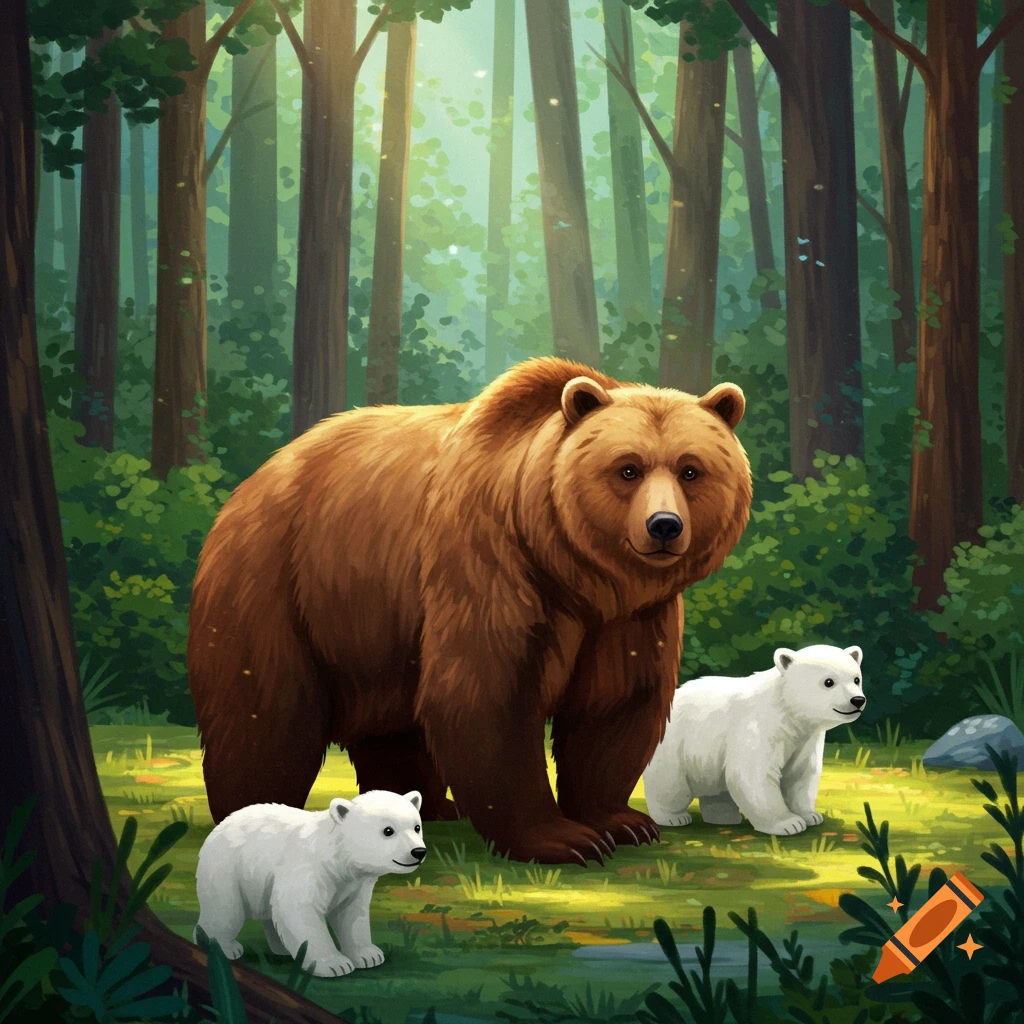 A brown bear and two white bear cubs in a forest.