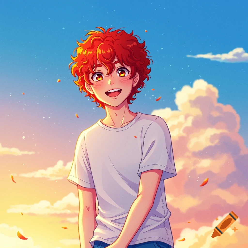 An anime illustration of a red-haired boy smiling against a sunset sky.