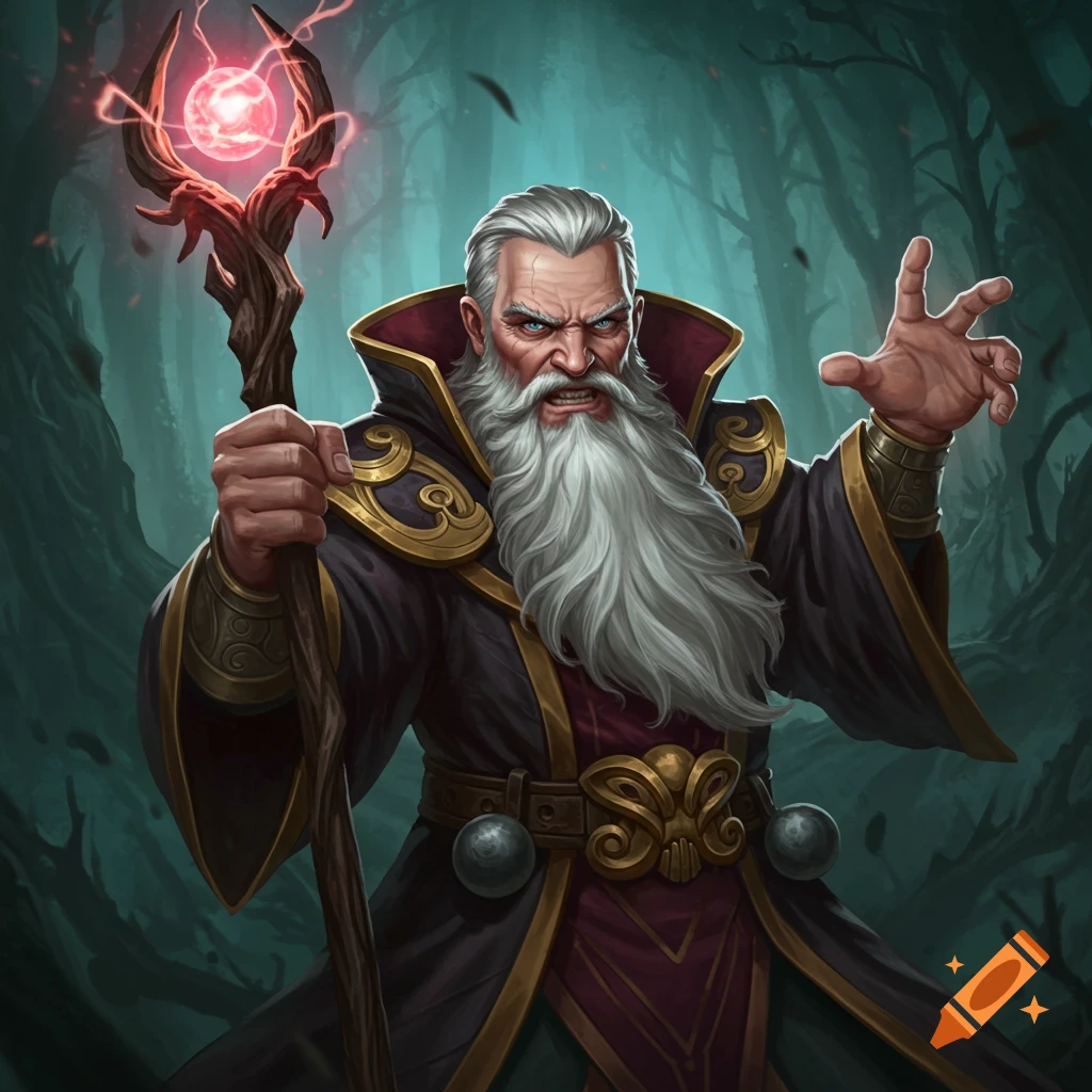 An angry wizard holding a glowing staff and threatening the viewer in a dark forest.