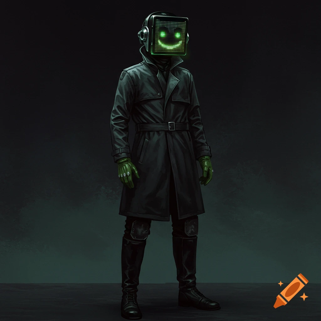 Figure in a trench coat with a helmet displaying a green digital smiley face.