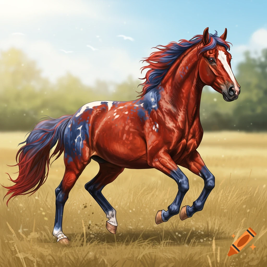 A red and blue pinto horse runs through a field.